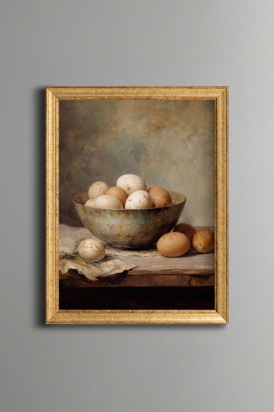 epiqart Eggs in a Rustic Bowl - Vintage Patterned Painting - Fine Model