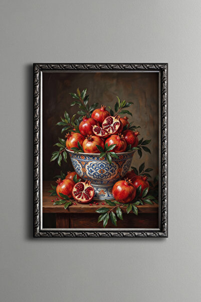 epiqart Pomegranates in Blue Chinoiserie Bowl - Vintage Patterned Painting - ...