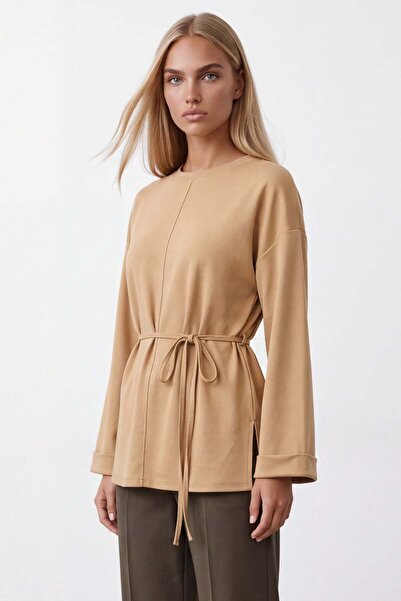 Trend Alaçatı Stili Women's Beige Crew Neck Double Cuffed Blouse with Tie Det...