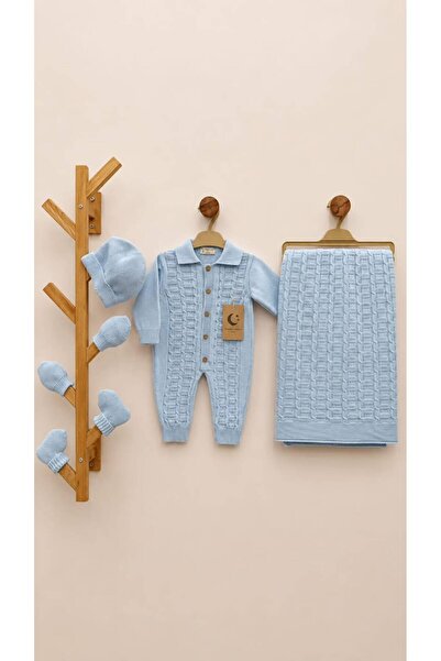 Baby day طقم استقبال مواليد ولادي فاخر 5 قطع تريكو محبوك بأزرار خشبية - أزرق ...