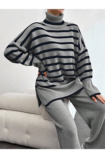 herkesemoda Kadın Gri Balıkçı Yaka Oversize Triko Takım