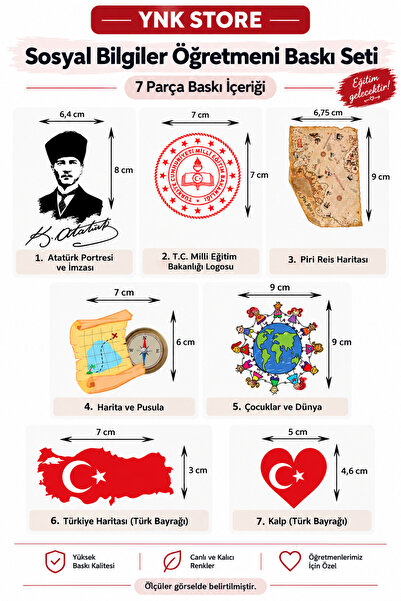 Sosyal Bilgiler Öğretmeni Önlüğü 7 Parça Baskı Seti – Atatürk, Piri Reis, Türkiye Haritası, Dünya ve Pusula