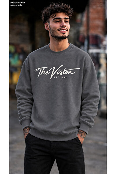 caddekombin Men's the Vision Est 1997 Calligraphy Printed Crew Neck Casual Re...