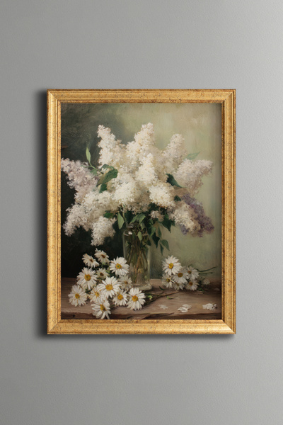 epiqart Lilacs and Daisies in Glass Vase - Vintage Patterned Painting - Fine ...