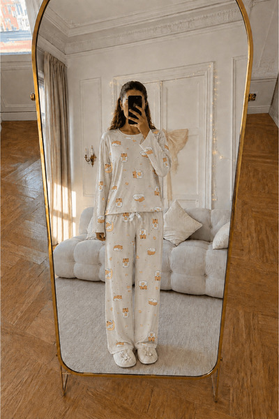 Hepsi Moda Bisiklet Yaka Hayvan Figürlü Uzun Kol Pijama Takımı - Taş