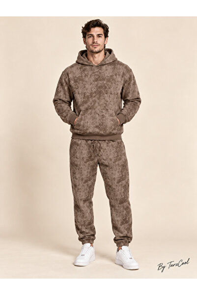 Tarz Cool Men's Marble Patterned 3 Thread Regular Hooded Tracksuit Set