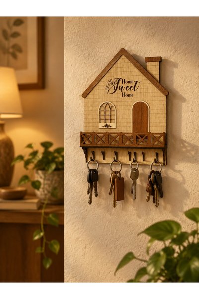 Grafiza حامل مفاتيح خشبي بتصميم Home Sweet Home مع 6 خطافات، حامل مفاتيح زخرفي للحائط