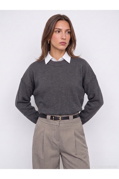 Dilvin 10886 Wool Blend Crew Neck Sweater-Smoked M.