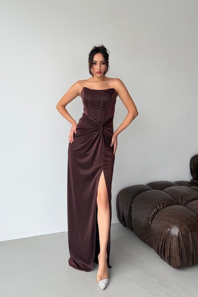 Serica Moda Kahverengi Straplez Balenli Simli Uzun Abiye Elbise