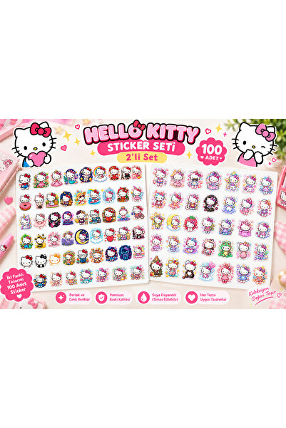 ERT PRİNT STUDİO Hello Kitty 100 Adet 2’li Sticker Seti – Parıltılı Renkli Ka...