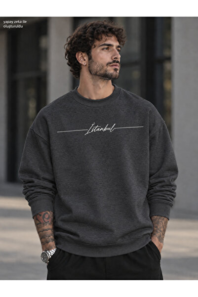 caddekombin Men's Istanbul Handwritten Striped Typographic Printed Crew Neck ...