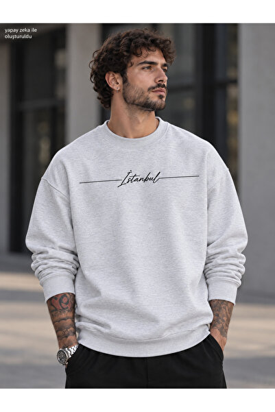 caddekombin Men's Istanbul Handwritten Striped Typographic Printed Crew Neck ...