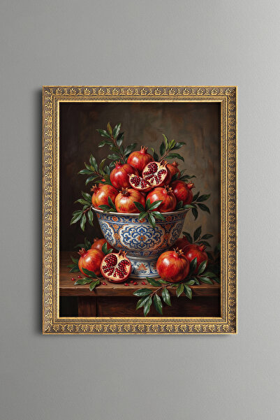 epiqart Pomegranates in Blue Chinoiserie Bowl - Vintage Patterned Painting - ...