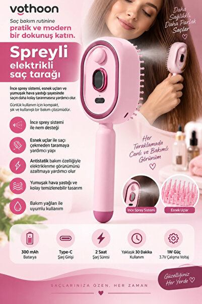 Vothoon Elektrikli Spreyli Saç Tarağı 300 mAh Type‑C Şarjlı İnce Spreyli Anti...
