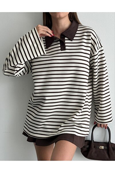 ZF BUTİK Yaka Detaylı Çizgili Oversize Polo Yaka Tunik