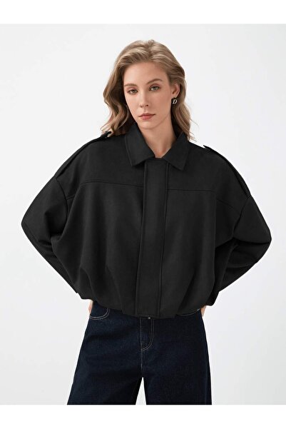 Orions Collection Women's Suede Jacket Black Oversize Bomber with Epaulettes ...
