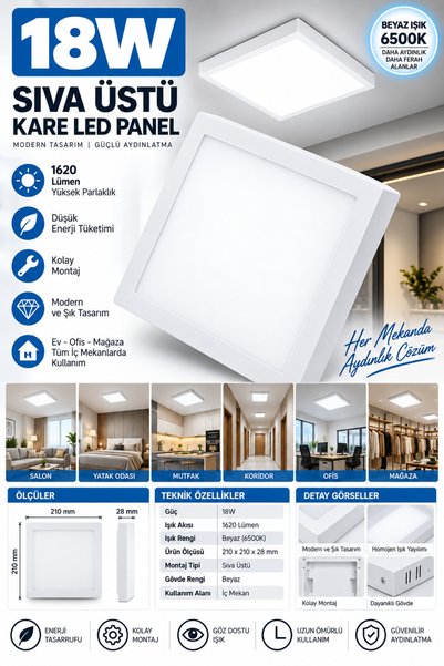 SimaAvize NOAS 18W Sıva Üstü Kare LED Panel Beyaz Kasa 6500K Beyaz Işık Tavan...