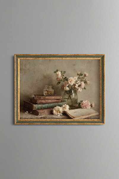 epiqart Roses among Old Books - Vintage Patterned Painting - Fine Model