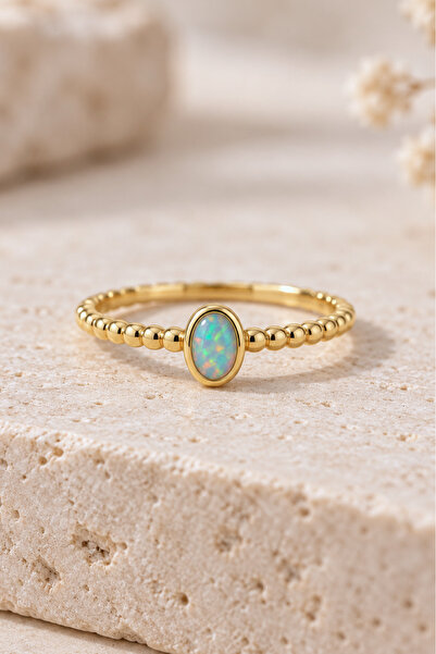 Spossy Silver Jewelry 925 Ayar Gümüş Gold Kaplamalı Mavi Opal Taşlı Zarif Yüzük