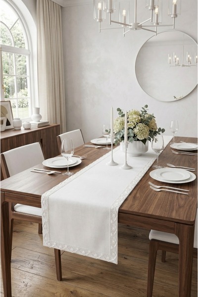 Santara Elegance Güpürlü Cream Linen Runner 35 X 140 cm