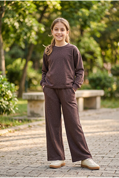Kız Çocuk Işıltılı Taşlı Sweatshirt İkili Takım Yumuşak Dokulu 2 İplik
