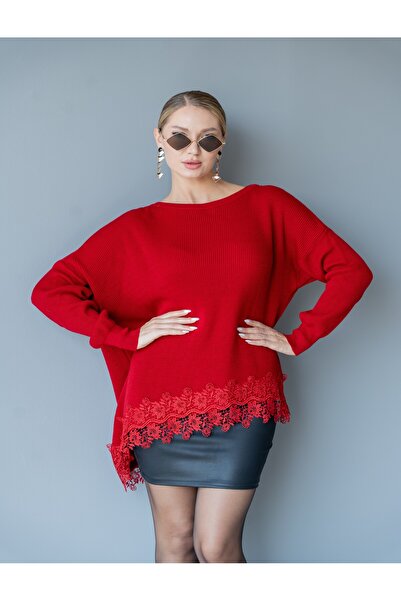 KENZA'A TRİKO Asymmetrical Cut Hem Lace Trim Knit Sweater