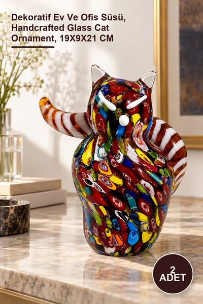Yenilig 2 Adet El Yapımı Murano Cam Kedi Figürü – Dekoratif Ev Ve Ofis Süsü, Handcrafted Glass Cat Ornament, 19X9X21 CM
