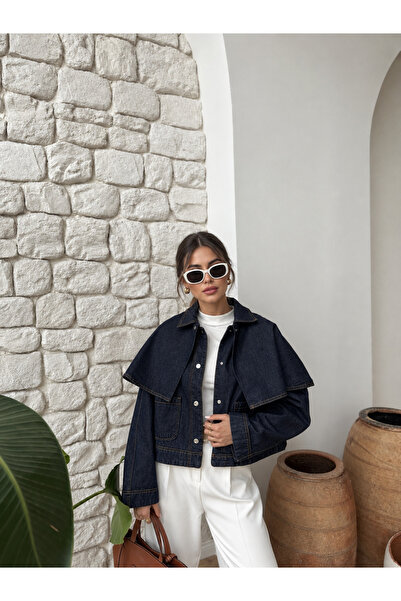 cgmoda Kadın Oversize Denim Çıkartılabilir Pelerin Detaylı Kot Ceket –