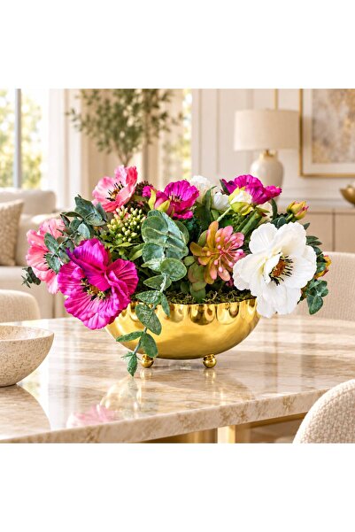White Artificial Flower Arrangement in Silver Vase