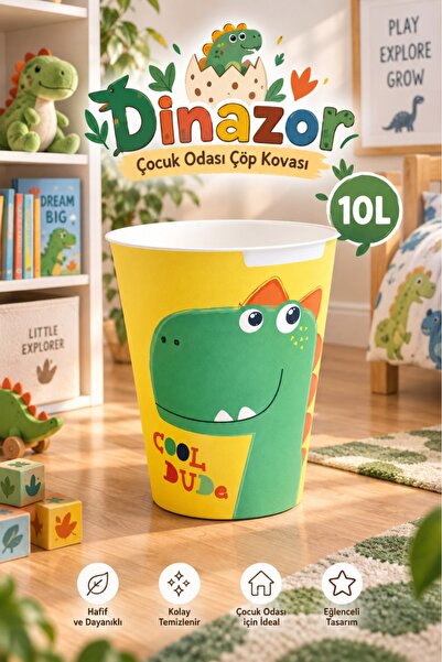 Nandy Kids Dinazor Desenli 10 L Çocuk Odası Çöp Kovası ve Çok Amaçlı Düzenleyici