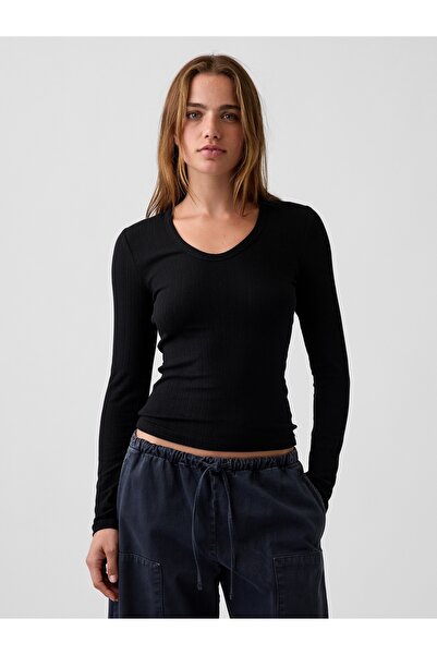 GAP Kadın Siyah Çizgili Fitilli T-Shirt