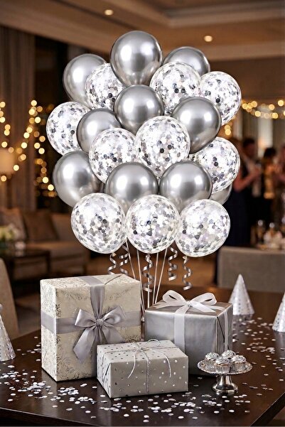 Onay Store 10 Metallic Silver Balloons and Transparent Balloons with Silver C...