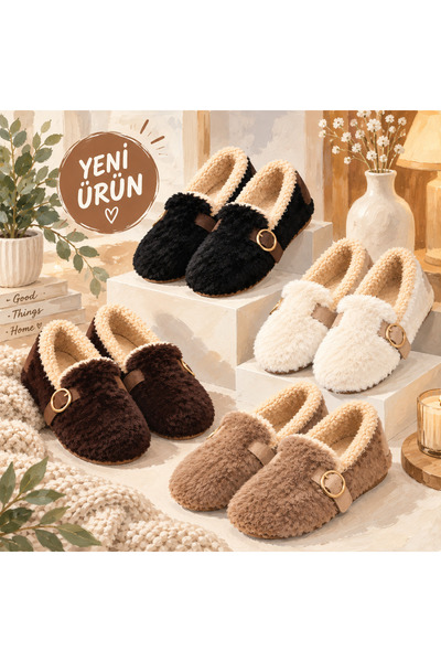 MOON CLOUD KADIN PELUŞ GOLD AKSESUAR DETAYLI SICAK TUTAN LOAFER EV-OFİS AYAKK...