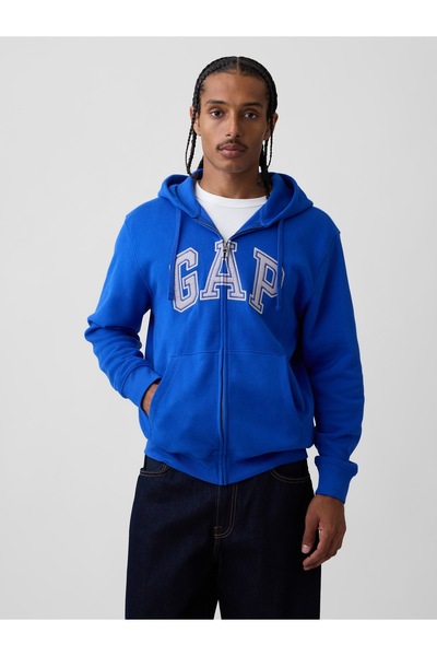 GAP Erkek Mavi VintageSoft Arch Logo Tam Fermuarlı Sweatshirt