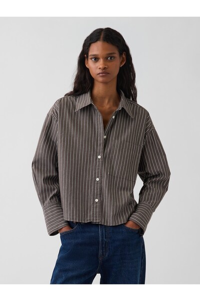 GAP Kadın Kahverengi Organik Pamuk Poplin Oversized Crop Gömlek