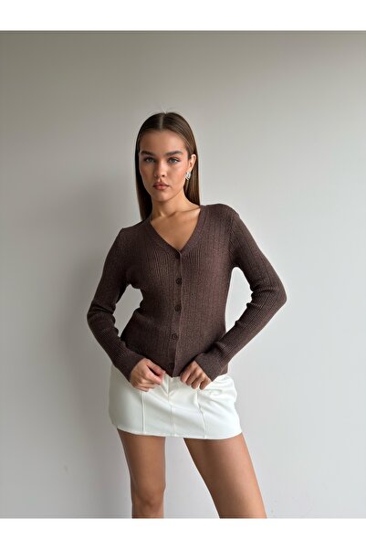 KENZA'A TRİKO Front Buttoned Glittery V-Neck Cardigan