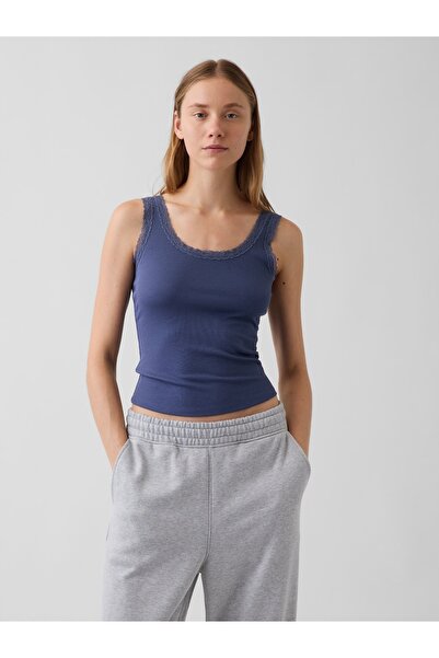 GAP Kadın Mavi Mini Fitilli Dantel Detaylı Askılı Pijama Üstü