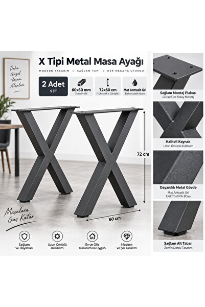 Genel Markalar EvKolleksiyon X Tipi Metal Masa Ayağı 2 Li Takım 72x60 Cm 60x6...