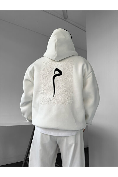 NO1 KONSEPT Beyaz Kapüşonlu Oversize Premium Glyph Nakışlı Sweatshirt