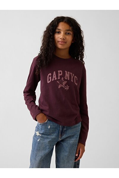 GAP Kız Çocuk Bordo Logo Grafik Baskılı T-Shirt