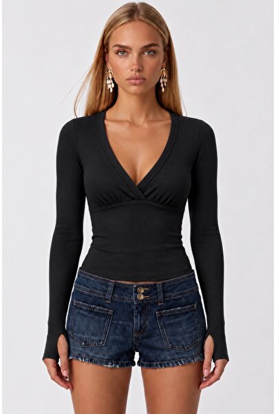 Up Trends Women's 95% Cotton Front Gathered Finger Detail V-Neck Slim Ribbed ...