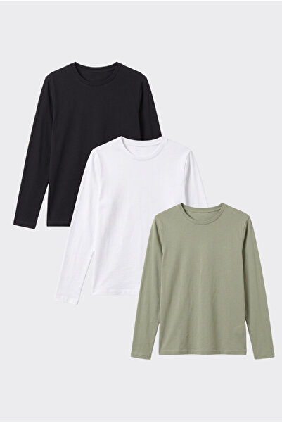 PANDO CASUAL WEAR Kadın %100 Pamuk Bisiklet Yaka Uzun Kollu T-shirt (3'lü Set)