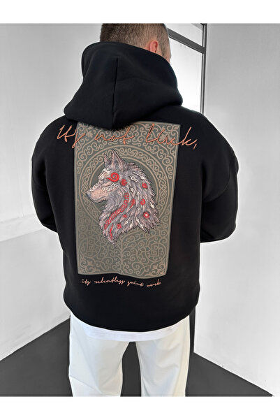 NO1 KONSEPT Black Hooded Oversize Premium Wolf Embroidered Sweatshirt