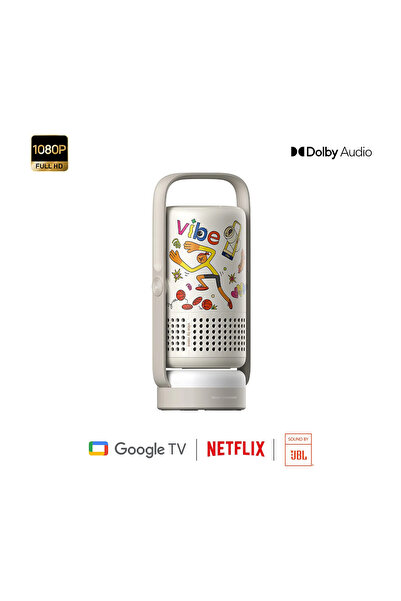 Vibe One Taşınabilir Projeksiyon Cihazı 1080P 250 ISO Lümen Bataryalı JBL Hoparlör Dolby Audio Google TV Netflix