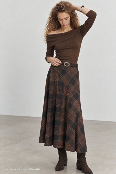 Babushka Plaid Brown Long Skirt