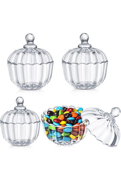 SYOSI Glass Pumpkin Jar with Lid, 4 Pcs Clear Crystal Candy Dish, Pumpkin Sha...
