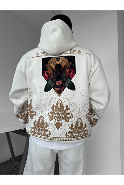 NO1 KONSEPT Beyaz Kapüşonlu Oversize Premium Arı Nakışlı Sweatshirt