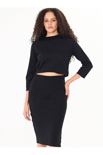 herkesemoda Kadın Siyah Crop Kazak Yüksel Bel Etek Triko Takım