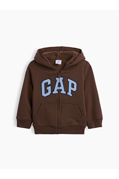 GAP Erkek Bebek Kahverengi Sherpa Astarlı Logo Fermuarlı Sweatshirt