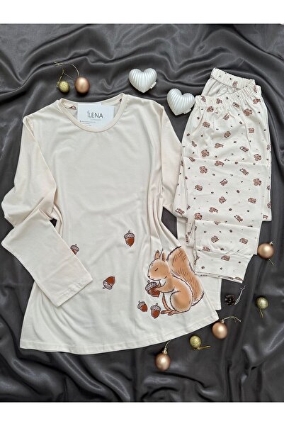 Lena Homewears طقم بيجامة قطنية منقوشة بنمط السنجاب من إكرو